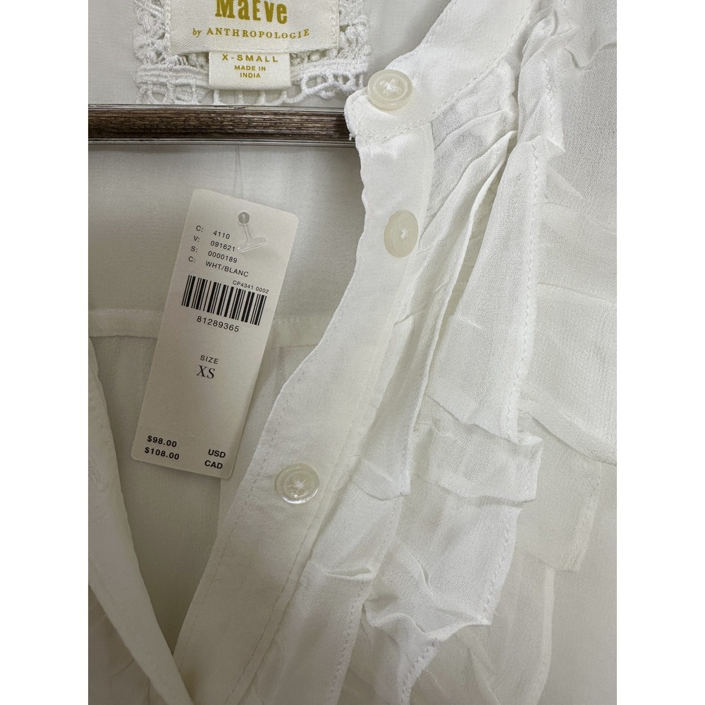 New Maeve Anthropologie Lightweight Ruffle Front Mao Shirt Sheer Button White XS - Picture 9 of 16